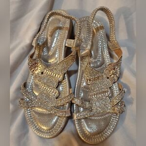 Silver Women's Elastic Ankle Rhinestone Flat Sandals